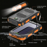 Batterie Solaire Portable — Powerbank avec Lampe LED & Boussole, Recharge Solaire + USB