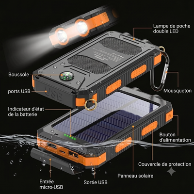Batterie solaire portable — lampe LED et boussole intégrées